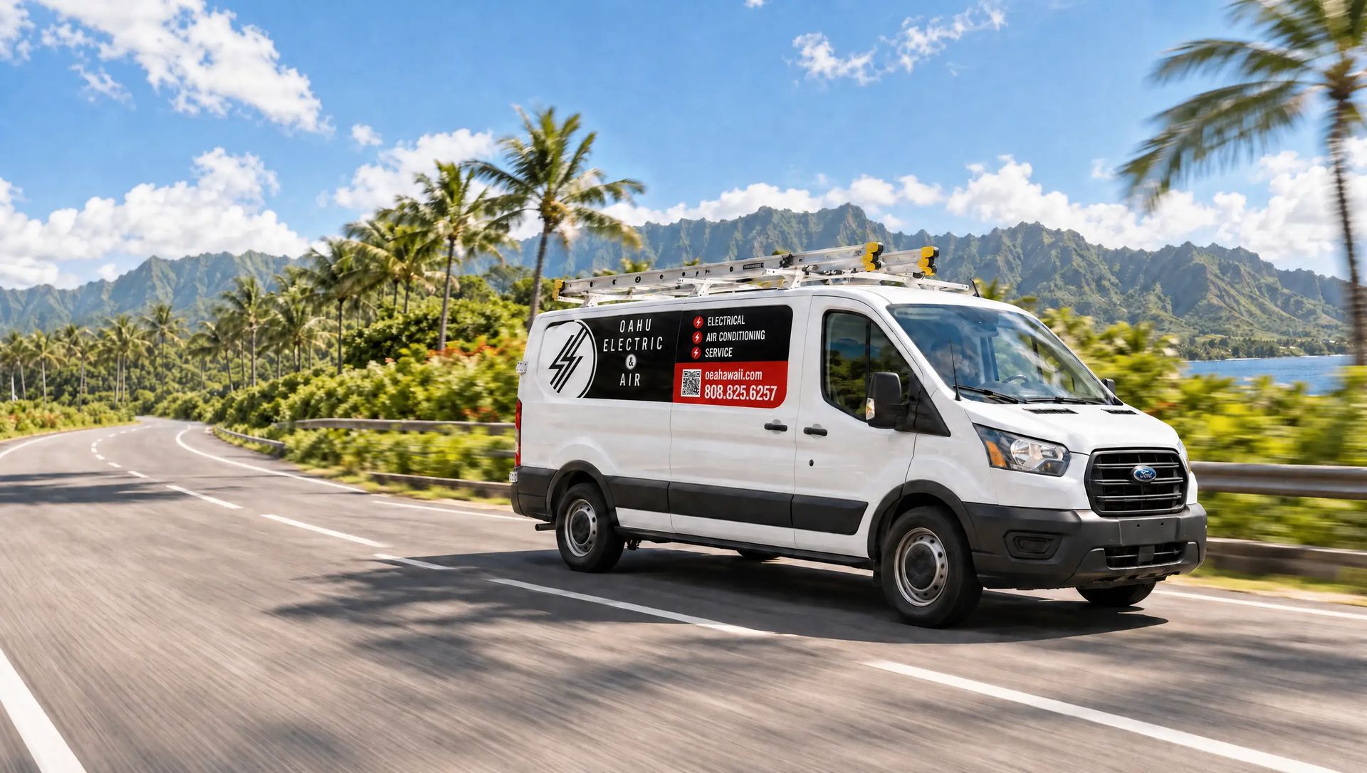 Oahu Electric & Air service van driving on Oʻahu
